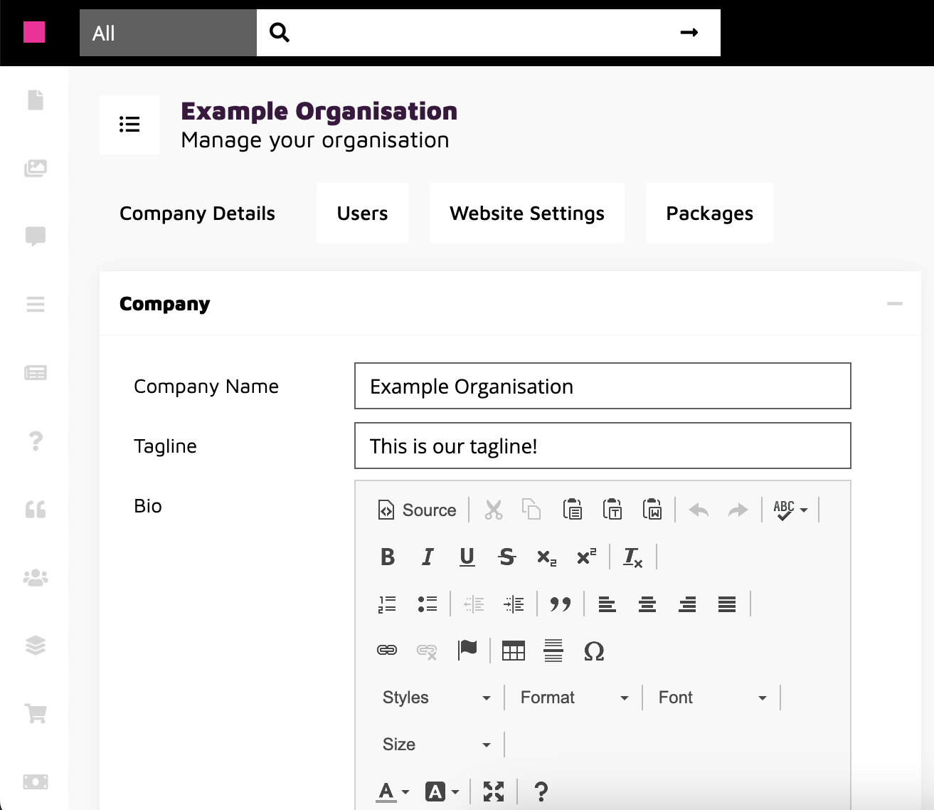 Manage organisation screenshot.